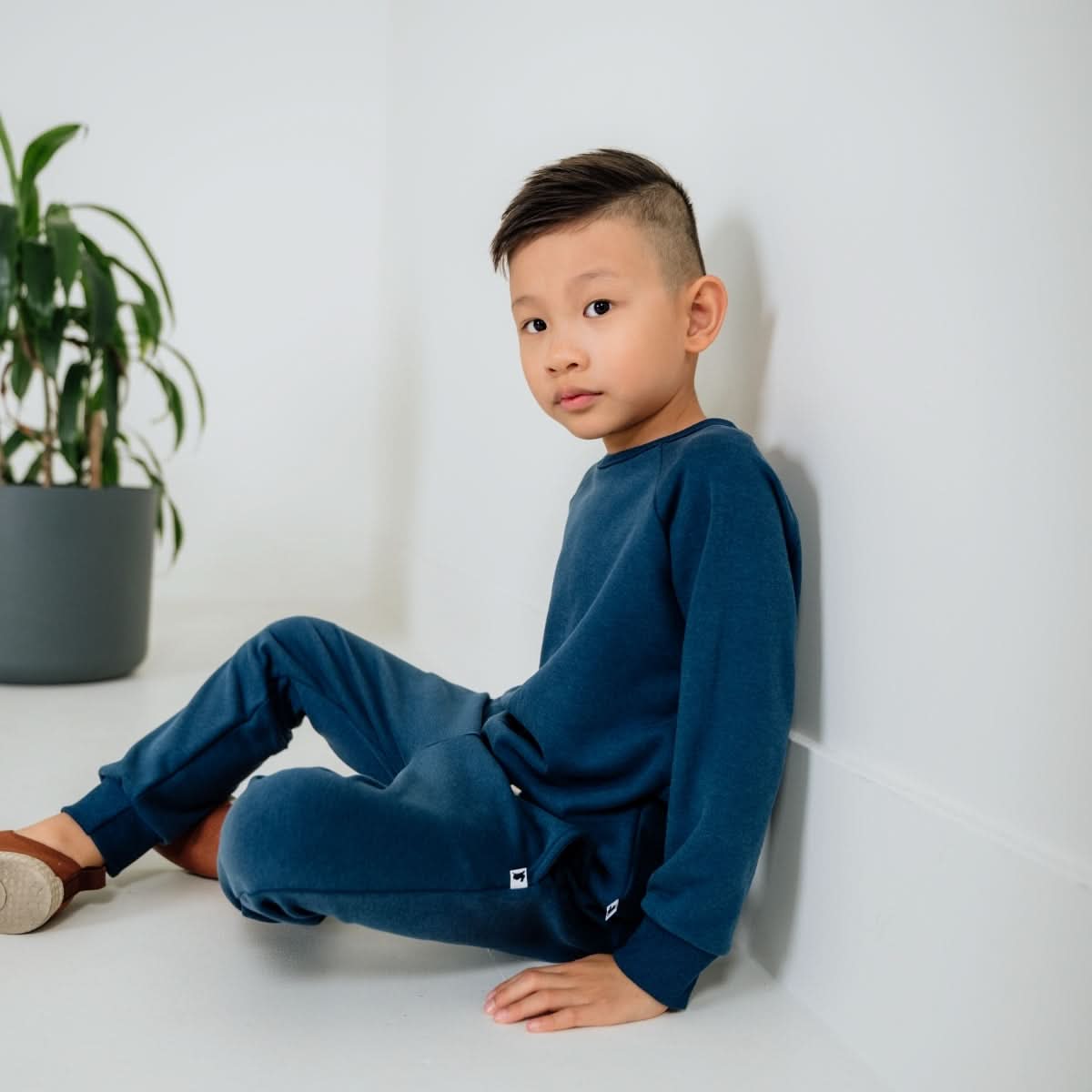 A young boy with short hair sits against a white wall, wearing a matching blue Little & Lively Baby/Kids Bamboo Fleece Raglan Pullover and pants. The cozy, ethically made outfit stands out, while a potted plant enhances the calm scene.