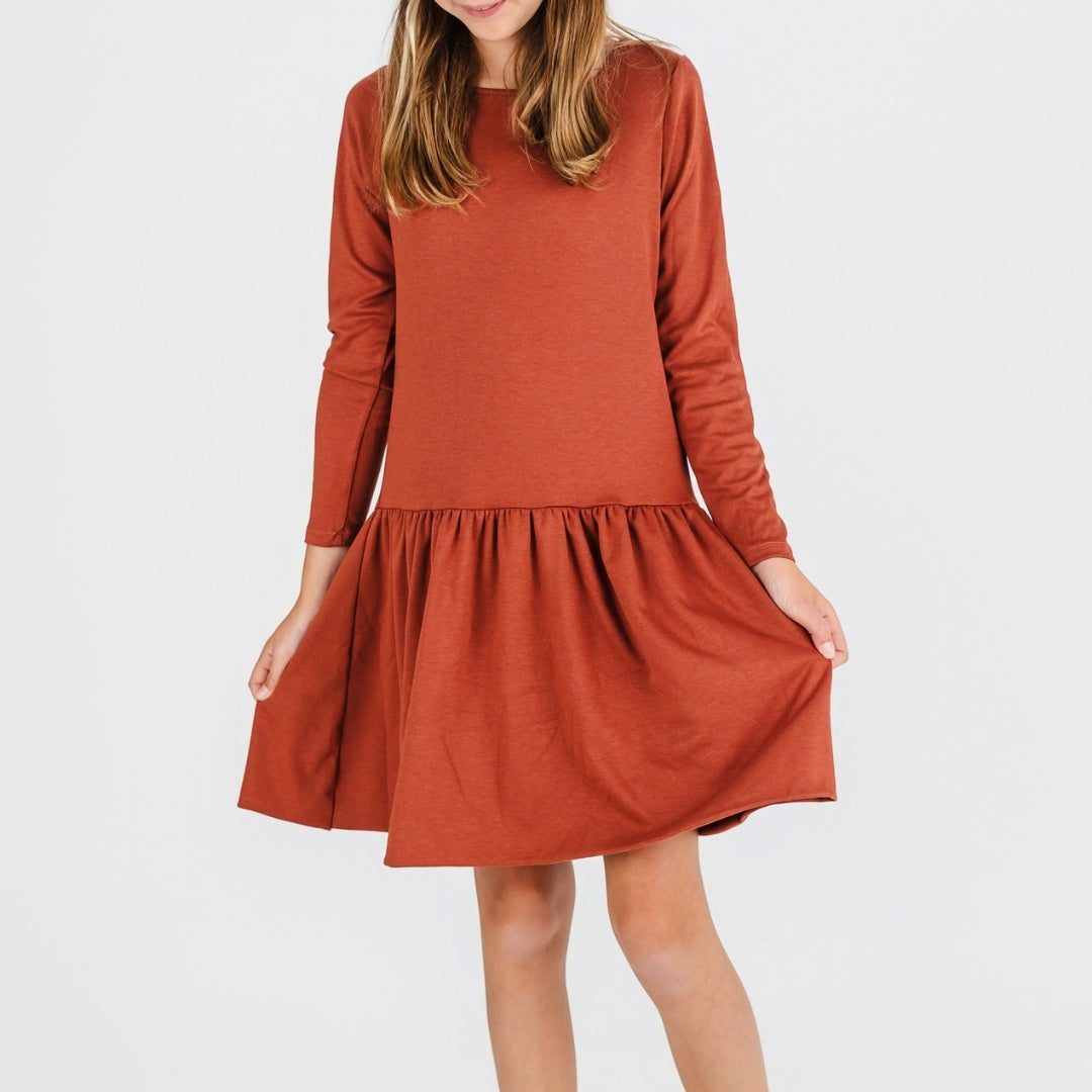 Youth Bamboo Long Sleeve Drop Waist Dress | Burnt Brick