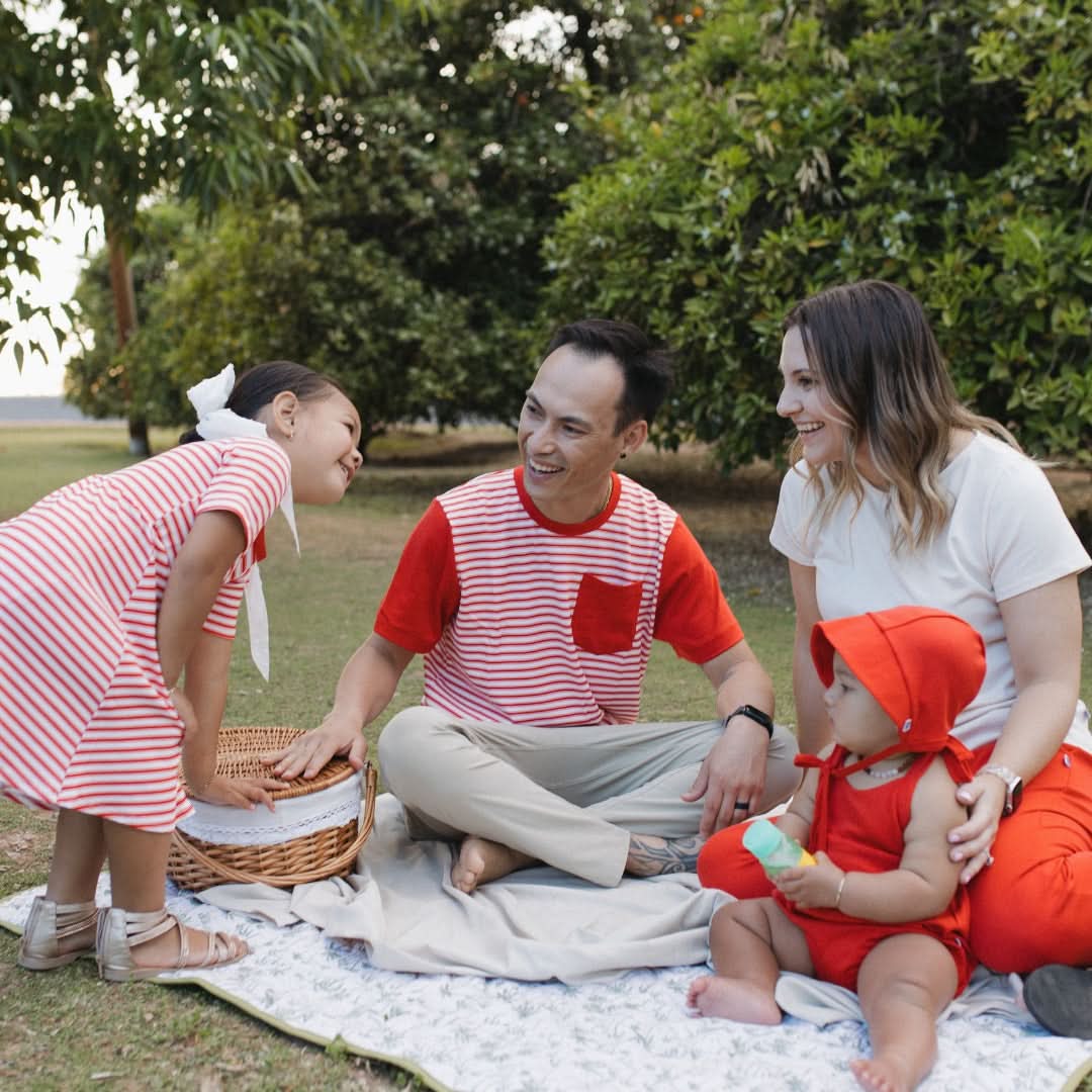 Family picnic in the Youth Bamboo Daphne Dress, perfect for baby clothes Canada