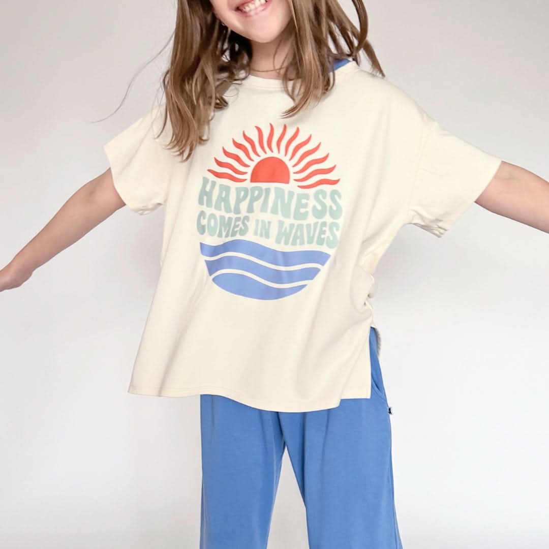 Youth Bamboo Graphic Oversized T-Shirt | "Happiness Comes In Waves" | Cream - additional view