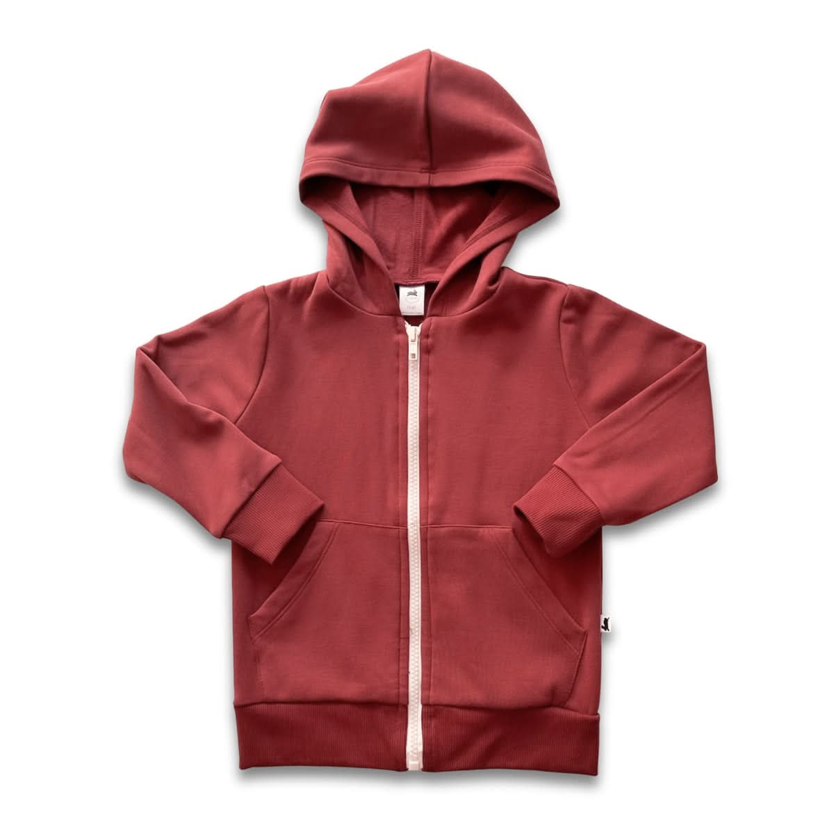 The Little & Lively Youth Bamboo Fleece Zip-Up Hoodie in maroon features long sleeves, front pockets, and a white zipper. Made from SootheKnit bamboo fleece, it’s shown against a white background.