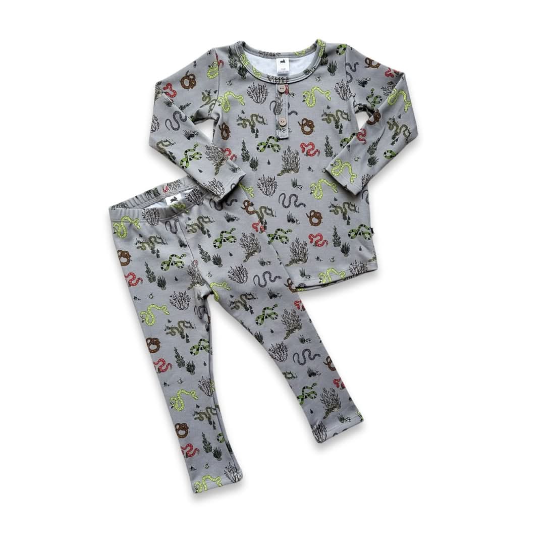 Gray patterned pajama set in Youth 2-Piece Bamboo Long Sleeve Henley Lounge Set for kids