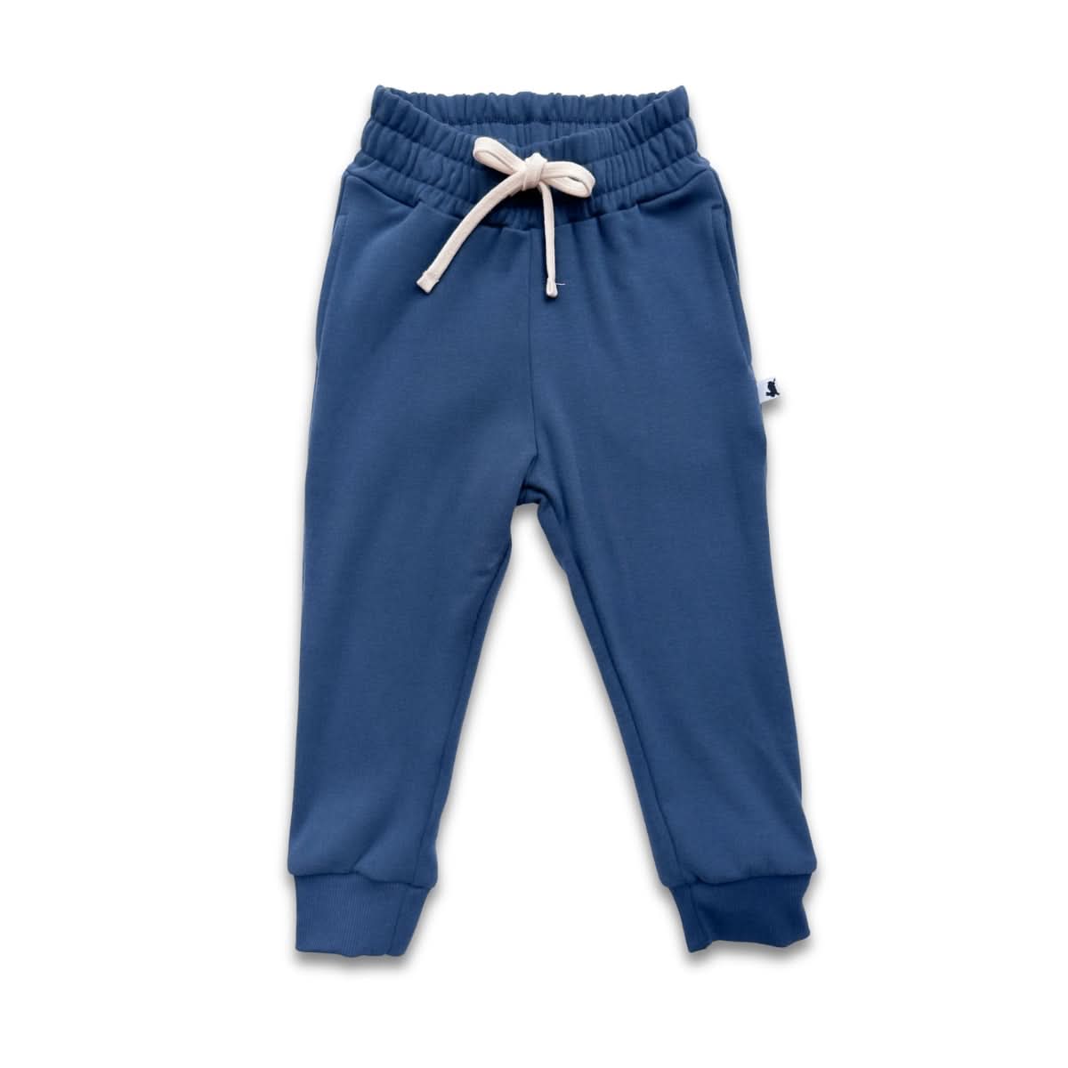 The Little & Lively Youth Bamboo Fleece Joggers in navy feature an elastic waistband, white drawstring, ribbed cuffs, and a small side tag, shown against a plain white background.