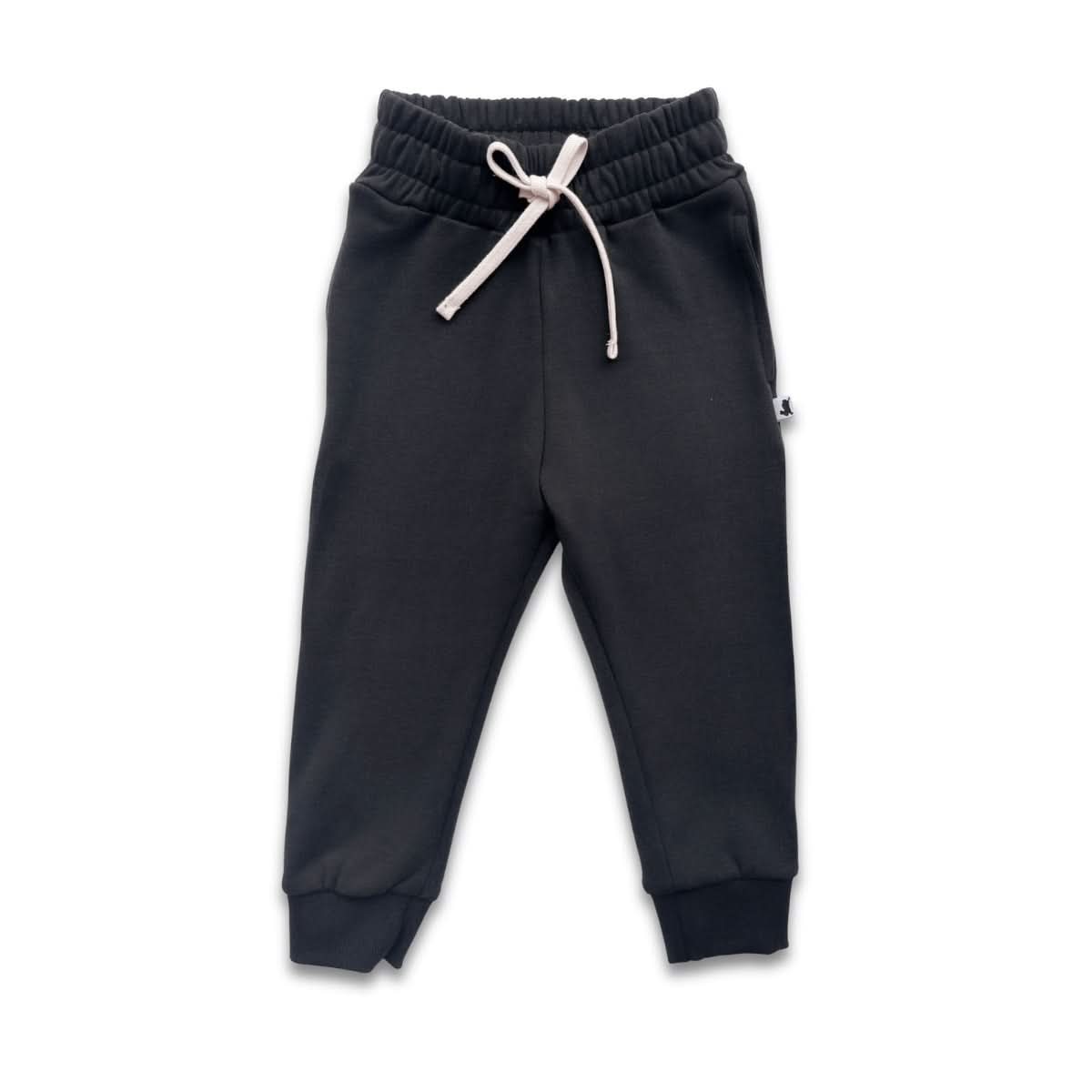 Little & Lively Youth Bamboo Fleece Joggers in black with elastic waistband, white drawstring, ribbed cuffs, and a small fabric tag on the left side, shown on a white background.
