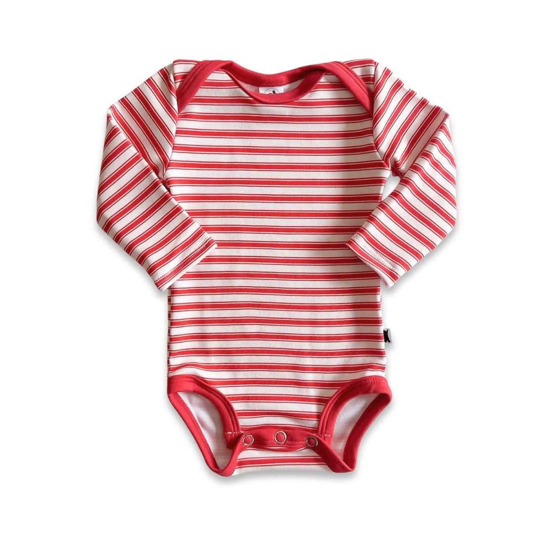Red and white striped long-sleeve bamboo onesie from British Columbia for baby alt_CanadaDay