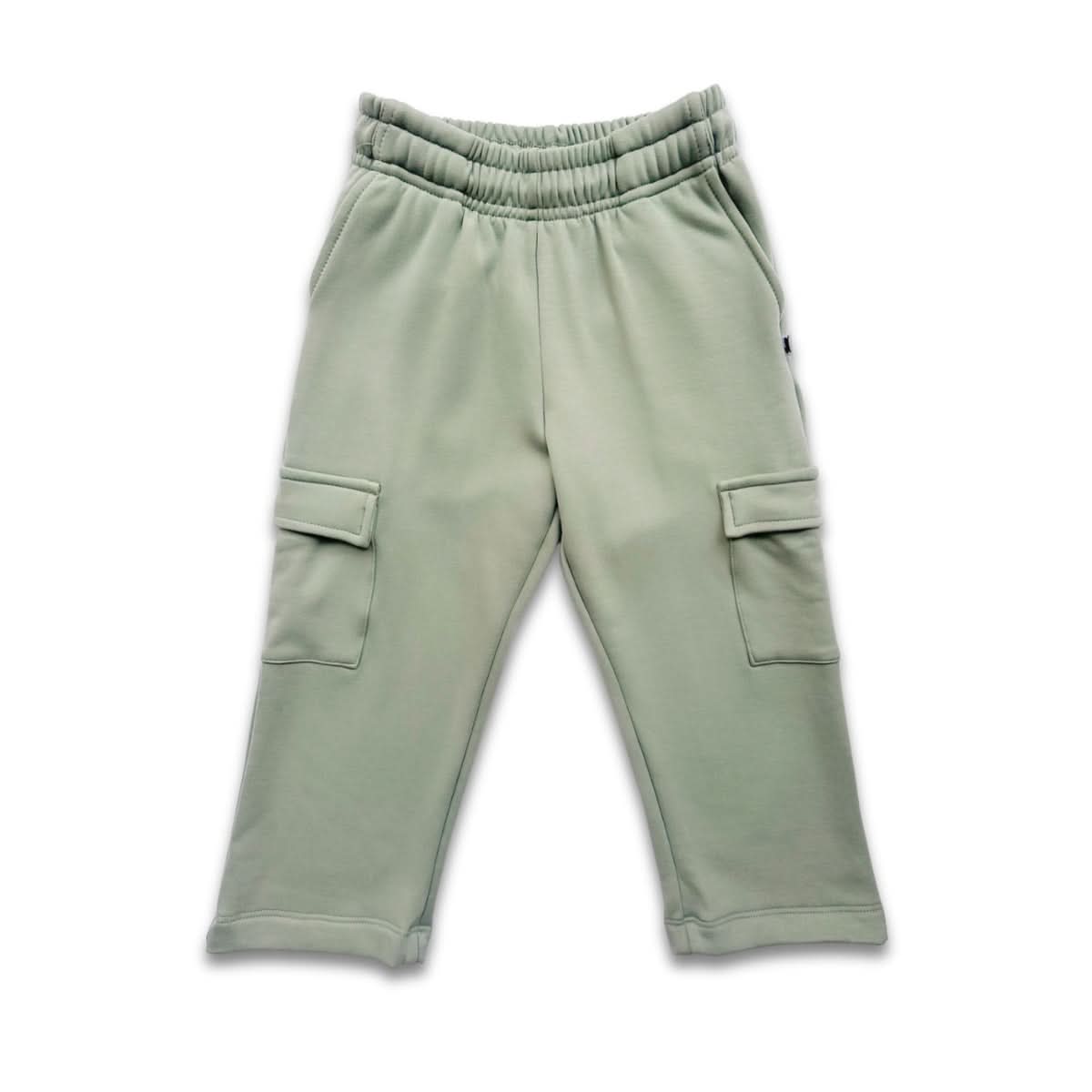 Little & Lively Kids Bamboo Fleece Cargo Pants in sage, featuring an elastic waistband, two front pockets, and two side flap pockets, shown on a white background.