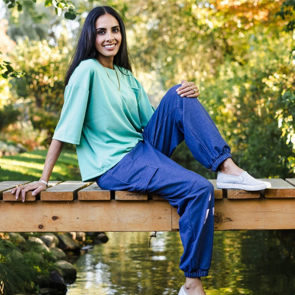Ladies' Bamboo Terry Denim Cargo Balloon Pants | Blue Denim