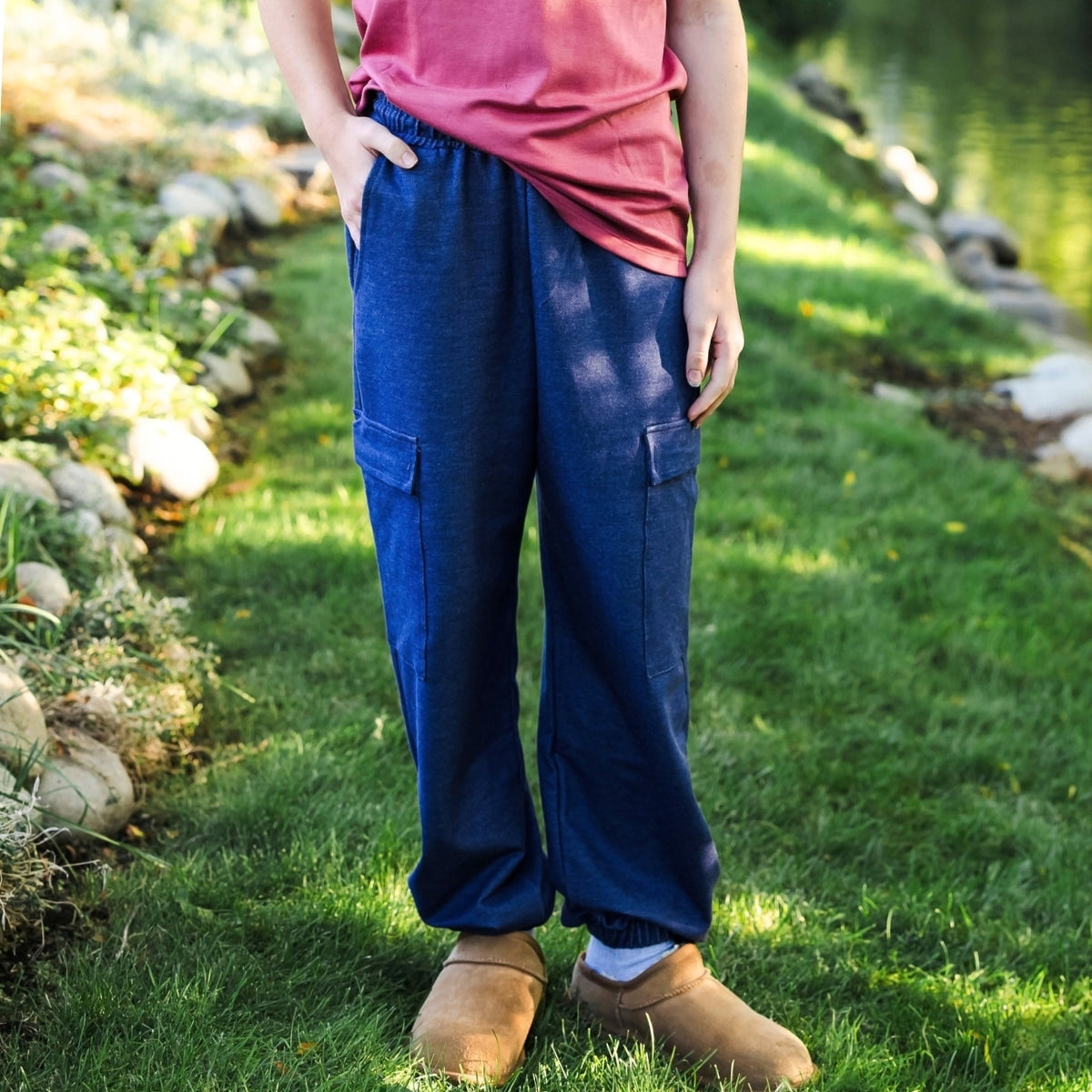 Youth Bamboo Terry Denim Cargo Balloon Pants | Blue Denim