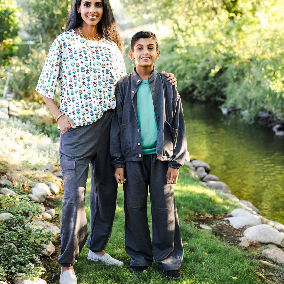 Ladies' Bamboo Terry Denim Cargo Balloon Pants | Charcoal Denim