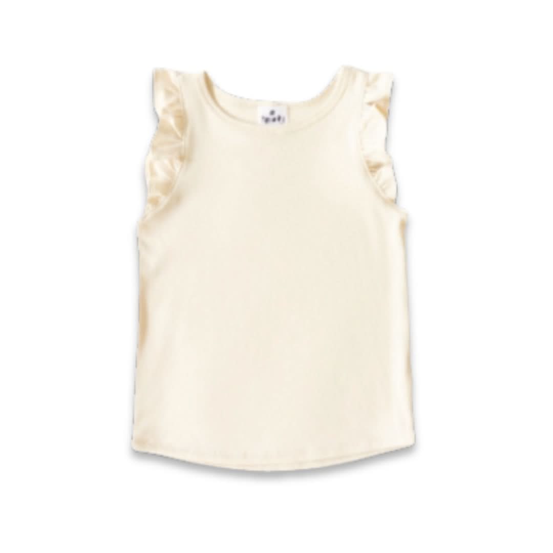 The Little & Lively Baby/Kids Bamboo Ruffle Shoulder is a sleeveless cream top for girls, featuring ruffle shoulder details and soft bamboo fabric, shown against a white background.
