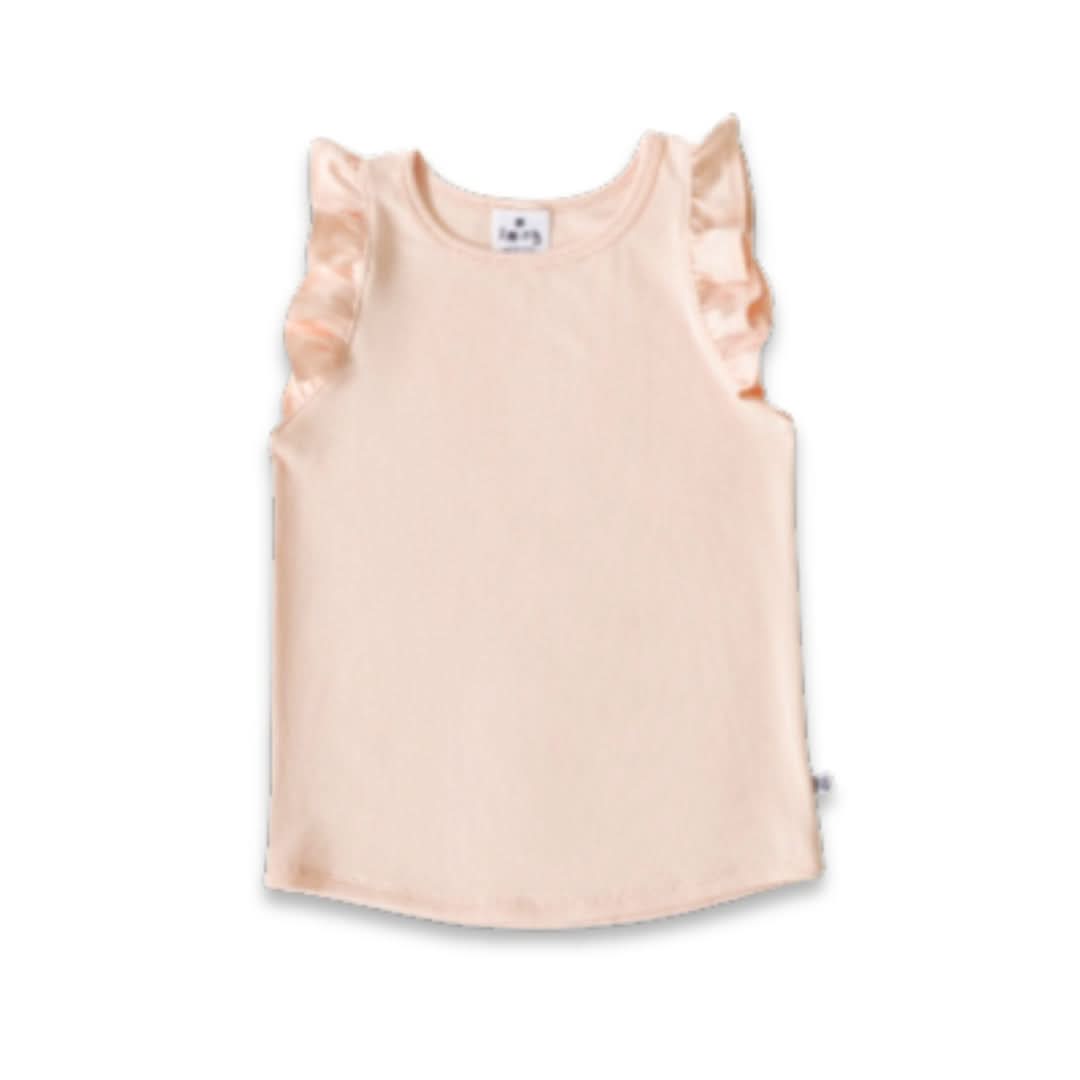 The Little & Lively Baby/Kids Bamboo Ruffle Shoulder — Last Call is a sleeveless, light peach girls’ youth tank top with ruffle shoulder accents, shown laid flat on a white background.