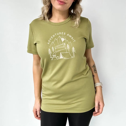 Adult Unisex 'Adventures Await' Bamboo T-shirt | Moss