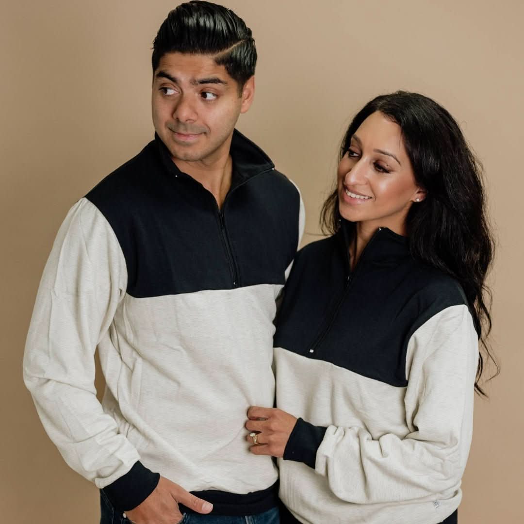 Adult Unisex Bamboo Fleece Half Zip - Ash w/Fossil - Little & Lively