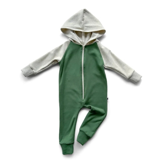 Stay Warm and Cozy with the Fleece-Lined Hooded Jumpsuit in Leaf Green & Ash