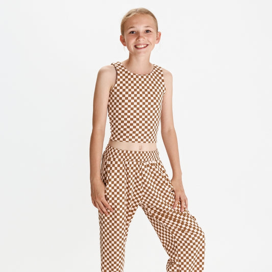 Youth Bamboo Longline Bralette-Style Tank | Blush Checkers