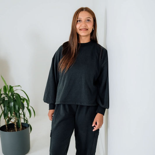 Ladies Bamboo Fleece Cropped Pullover | Black