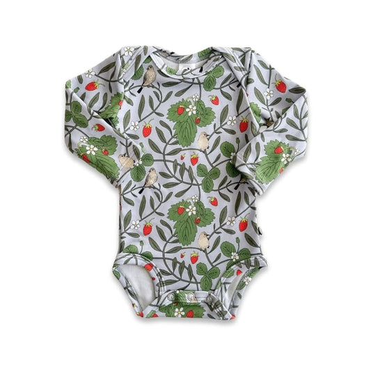 Strawberry and bird patterned Baby Long-Sleeve Bamboo Onesie from British Columbia