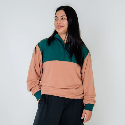 Adult Unisex Bamboo Fleece Half Zip | Terracotta With Juniper
