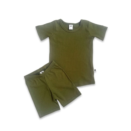 Kids' 2-Piece Bamboo Short Sleeve Snug-Fit Lounge Set | Olive Rib