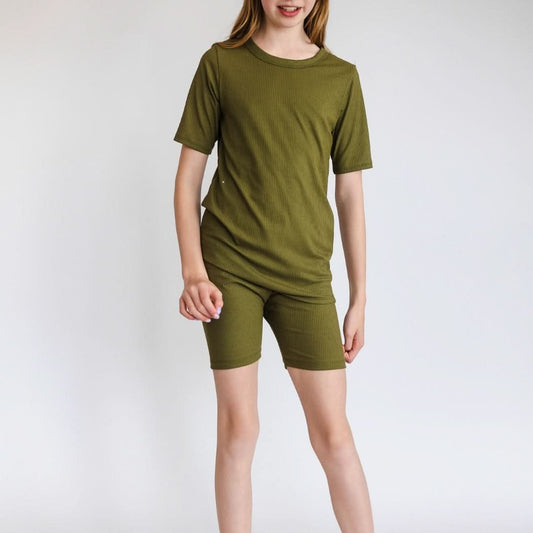 Youth 2-Piece Bamboo Short Sleeve Snug-Fit Lounge Set | Olive Rib