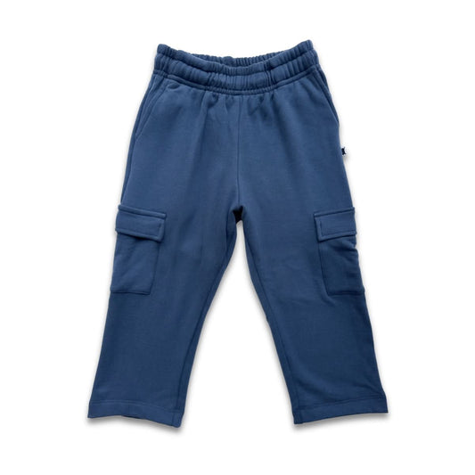 A pair of Little & Lively Kids Bamboo Fleece Cargo Pants in navy, with an elastic waistband, side and flap leg pockets, is laid flat on a white background.