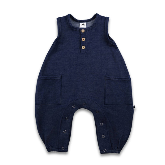 Baby Bamboo Terry Denim Romperall with Snaps | Blue Denim