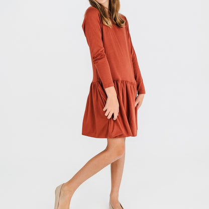 Youth Bamboo Long Sleeve Drop Waist Dress | Burnt Brick
