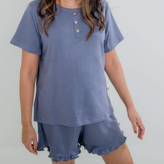 Blue Ladies Bamboo Aria 2-Piece Short Sleeve Lounge Set with Ruffled Shorts