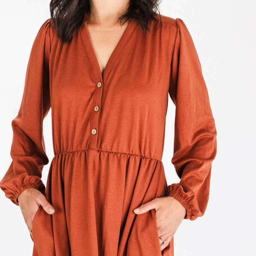 Ladies' Bamboo Puffed Sleeve Dress | Burnt Brick