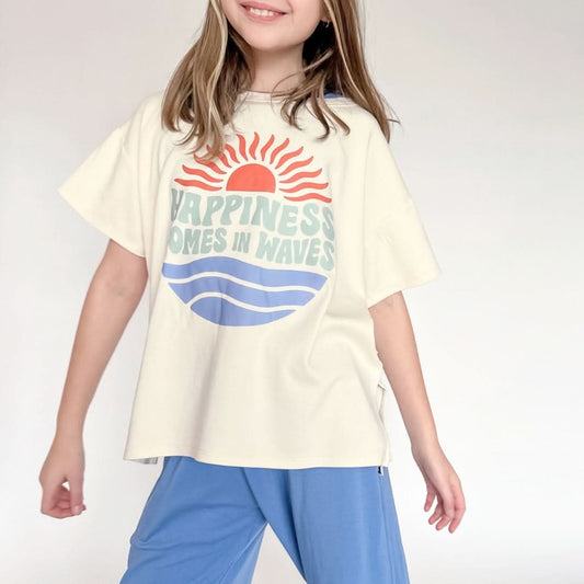 Youth Bamboo Graphic Oversized T-Shirt | "Happiness Comes In Waves" | Cream