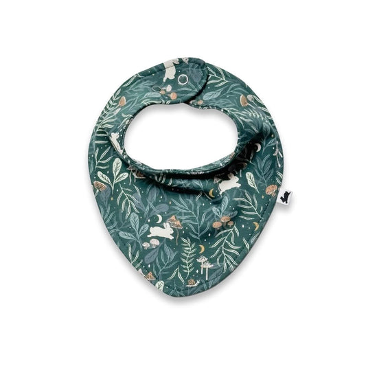 The Little & Lively Baby Bamboo Bib in Twilight Grove features a green bandana style with nature-themed prints, adjustable snaps for comfort, and is made from soft bamboo fabric. Shown on a white background.