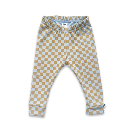 Little & Lively Baby Bamboo Leggings : child-sized leggings with an elastic waistband, yellow and white checkerboard pattern, cloth diaper friendly, small ankle cuffs, left cuff tag. Displayed on a white background.