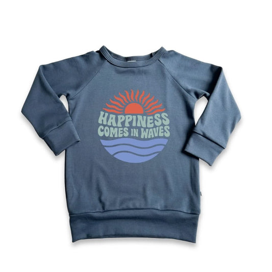 Baby/Kids' Bamboo Graphic Raglan Pullover | "Happiness Comes In Waves" | Navy