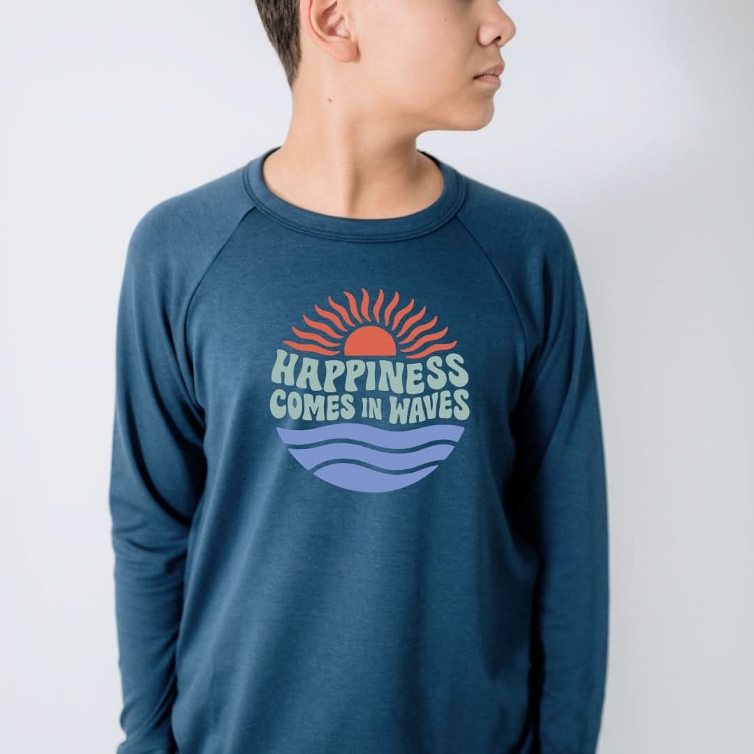 Youth Bamboo Graphic Raglan Pullover | "Happiness Comes In Waves" | Navy & Blue - additional view