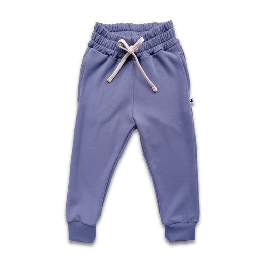 A pair of Little & Lively Kids Bamboo Fleece Joggers in Dusty Lilac, featuring an elastic waistband, white drawstring, cuffed ankles, and side pockets, shown on a plain white background.
