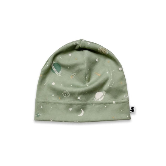 The Little & Lively Baby/Kids' Bamboo Beanie is an ethically made, light green hat featuring white, yellow, and green planet, moon, star, and constellation illustrations. Displayed on a plain white background.