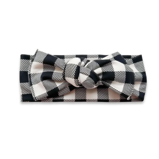 Black and white checkered baby headwrap made of bamboo, perfect for baby clothes Canada