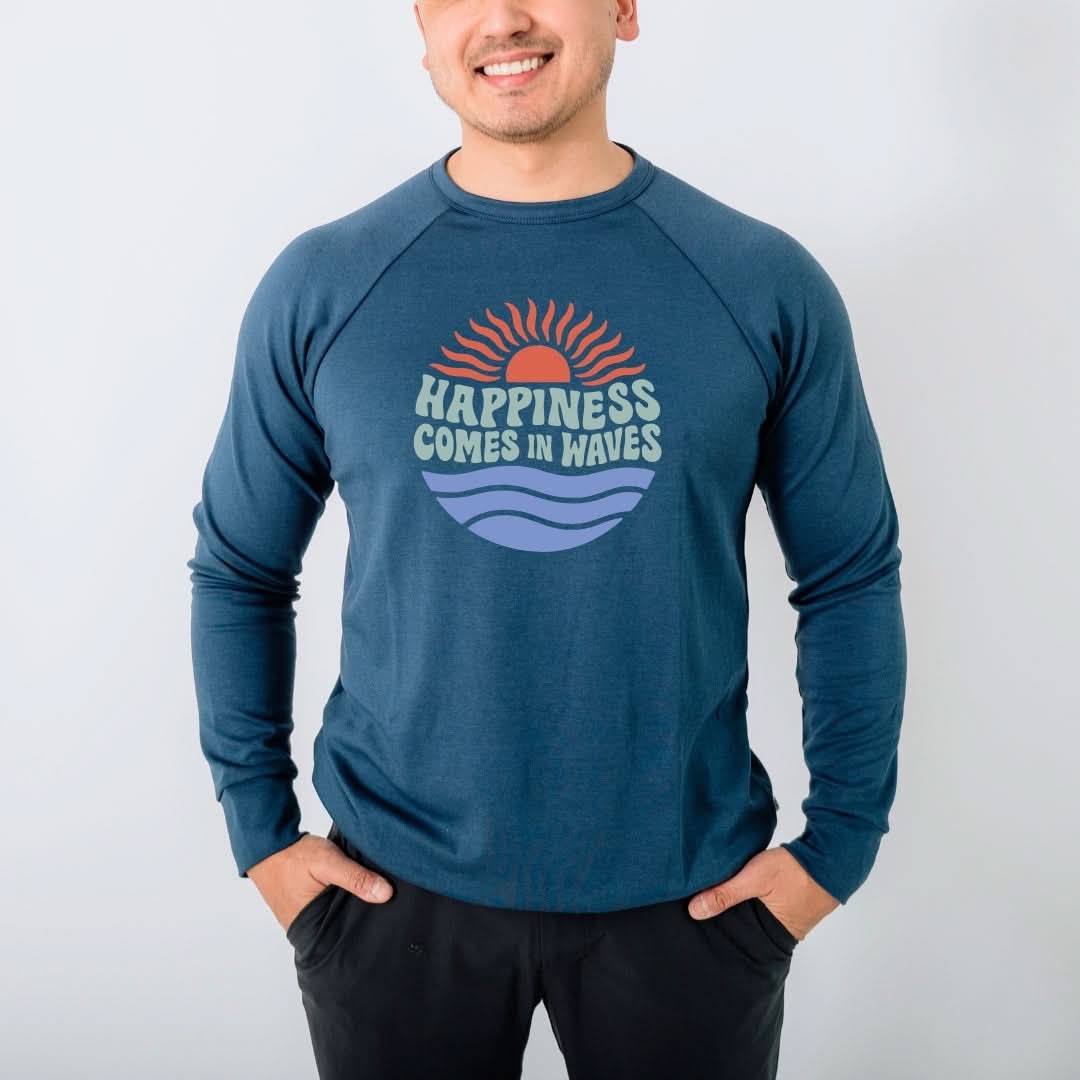 Adult Unisex/Men's Bamboo Graphic Raglan Pullover | "Happiness Comes In Waves" | Navy & Blue