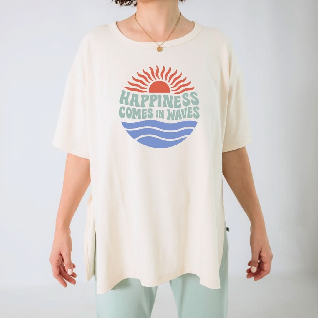 Ladies Bamboo Graphic Oversized T-Shirt | "Happiness Comes In Waves" | Cream