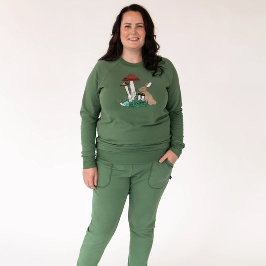 Adult Unisex 'Whimsical Rabbit' Fleece-Lined Pullover | Leaf Green