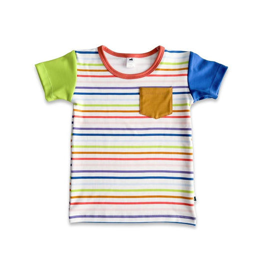 The Little & Lively Baby/Kids Bamboo Pocket T-shirt—Last Call features a rainbow stripe design with color-blocked green and blue sleeves, an orange neckline, and a brown chest pocket, shown on a white background.