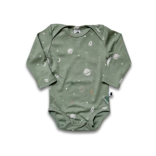 The Little & Lively Bamboo Baby Long-Sleeved Onesie in sage green features a soft bamboo fabric and a space-themed print with planets, rockets, stars, and moons on a white background.