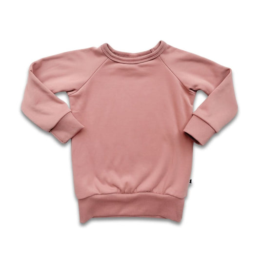 The Little & Lively Baby/Kids Bamboo Fleece Raglan Pullover is a plain pink, long-sleeved sweatshirt with ribbed cuffs, collar, and waistband, displayed on a white background.