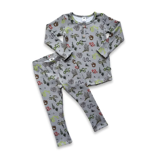 Gray patterned pajama set in Youth 2-Piece Bamboo Long Sleeve Henley Lounge Set for kids