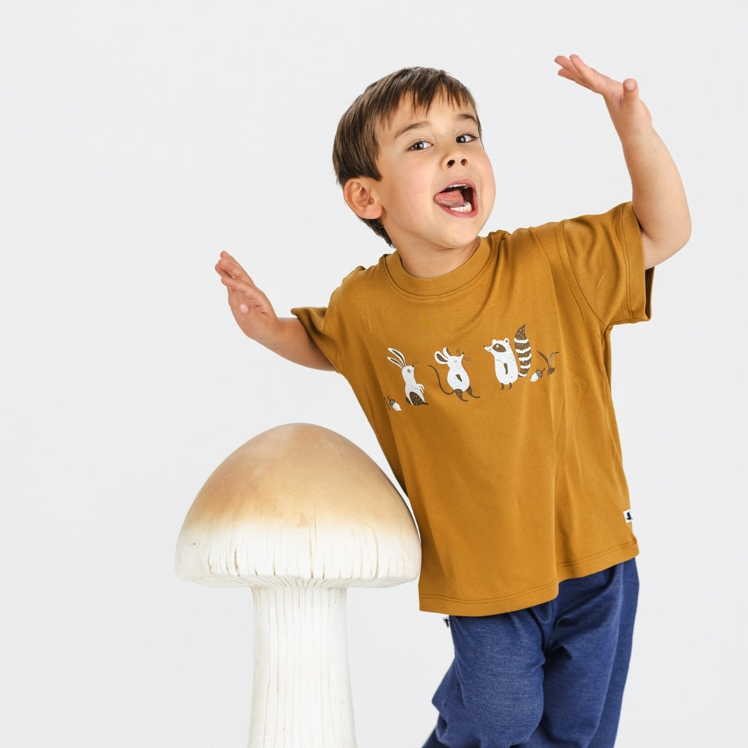 Kids' Bamboo Graphic Boxy T-Shirt | Woodland Friends on Umber