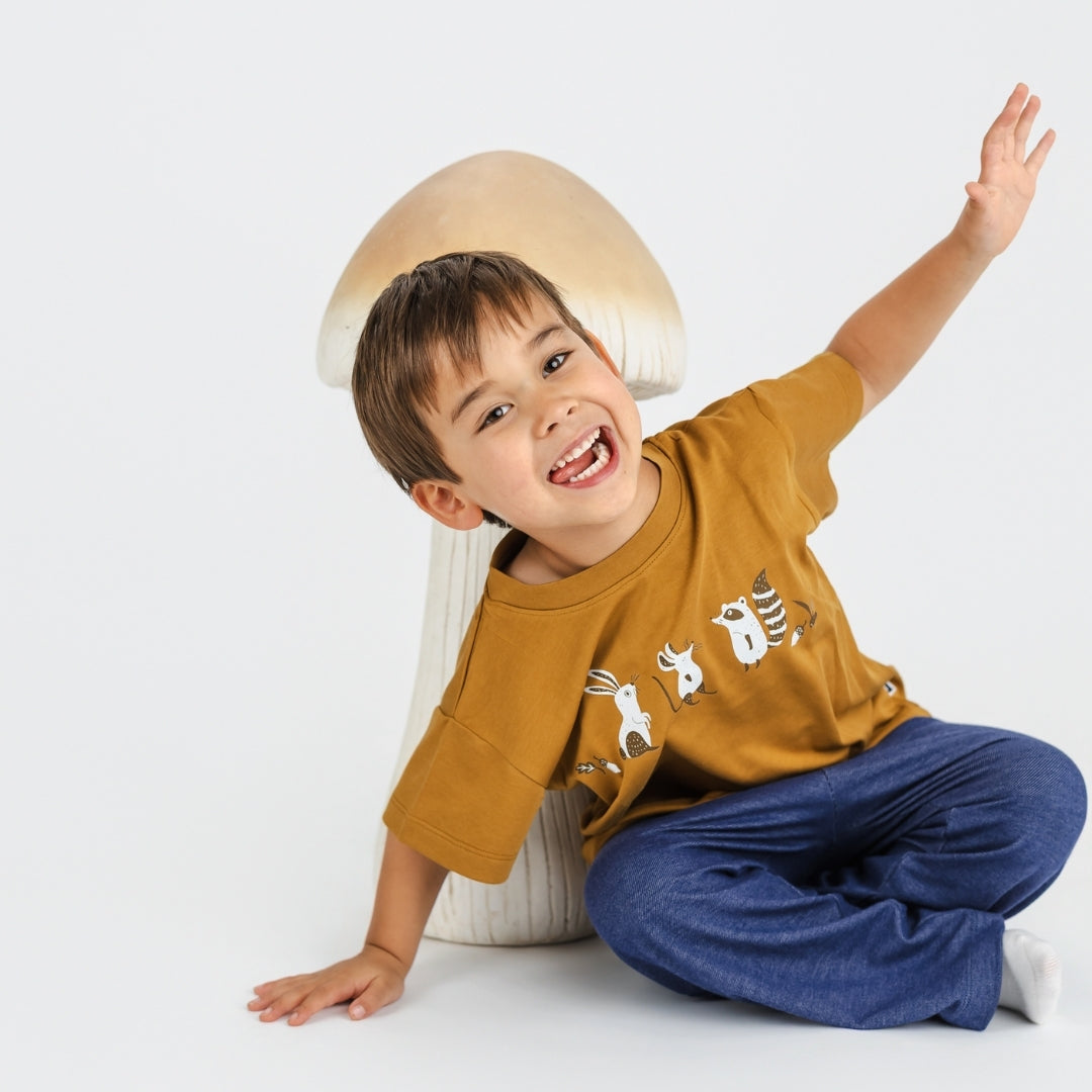 Kids' Bamboo Graphic Boxy T-Shirt | Woodland Friends on Umber