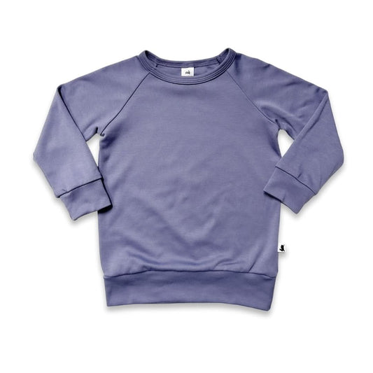 The Youth Bamboo Raglan Pullover by Little & Lively is a lavender, long-sleeved top with ribbed cuffs, hem, and collar. Laid flat on white, it features a small branded tag—breathable kidswear for comfort and style.