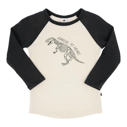 'Jurassic at Heart' Bamboo Baseball Raglan Shirt | Cream & Black
