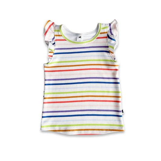 The Little & Lively Baby/Kids Bamboo Ruffle Shoulder tank features ruffle shoulders and rainbow horizontal stripes on a white background, shown sleeveless and laid flat on a white surface.