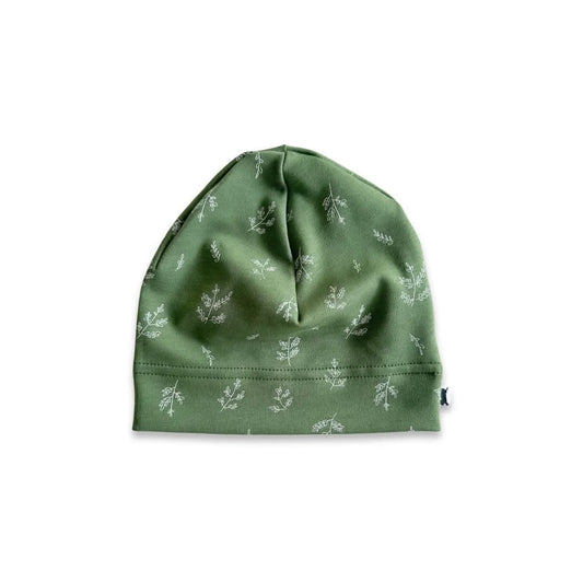 Green bamboo beanie with leaf pattern for baby clothes Canada and newborn apparel